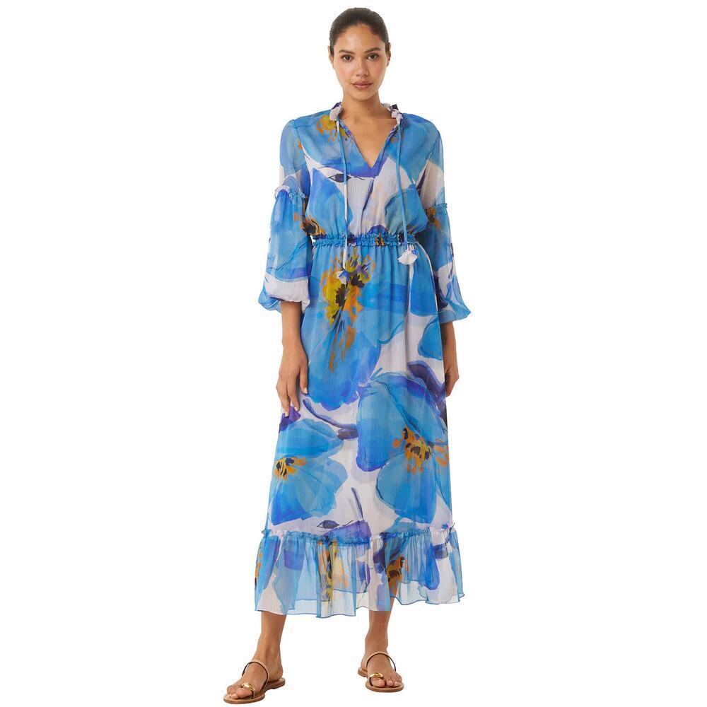 Misa Amata Chiffon Blue Poppy Midi Dress XS